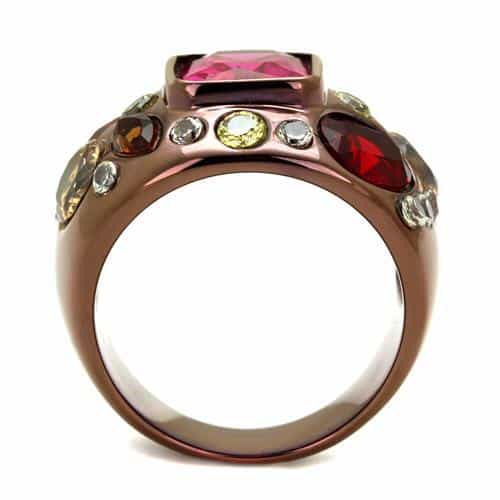 Stainless Steel Brown IP Multi Color Crystal Cluster Dome Ring view 3