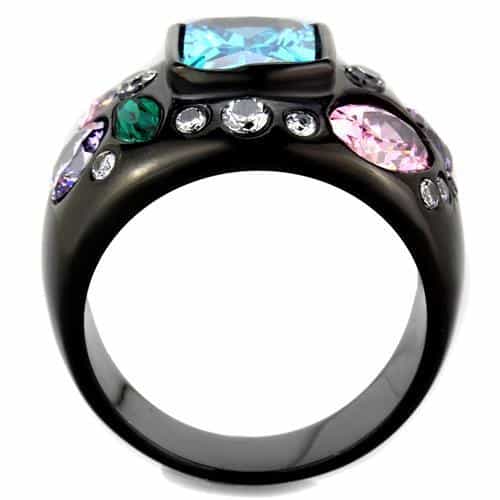 Stainless Steel Black IP Multi Color Crystal Cluster Dome Ring view 7