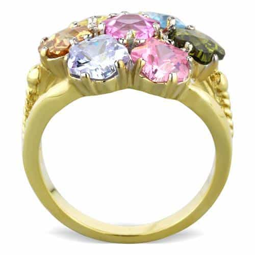 Stainless Steel Gold Multi Color Round Crystal Cluster Ring view 7