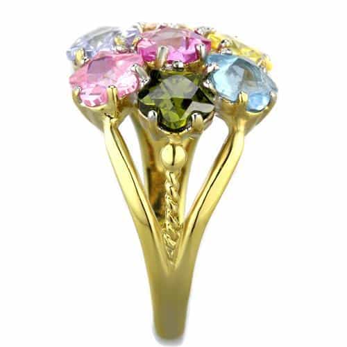 Stainless Steel Gold Multi Color Round Crystal Cluster Ring view 8
