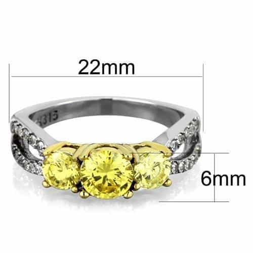 Stainless Steel Yellow Round CZ Three Stone Pave Ring view 2