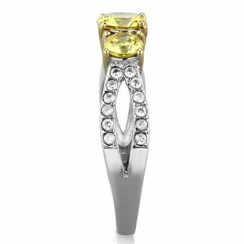 Stainless Steel Yellow Round CZ Three Stone Pave Ring view 4