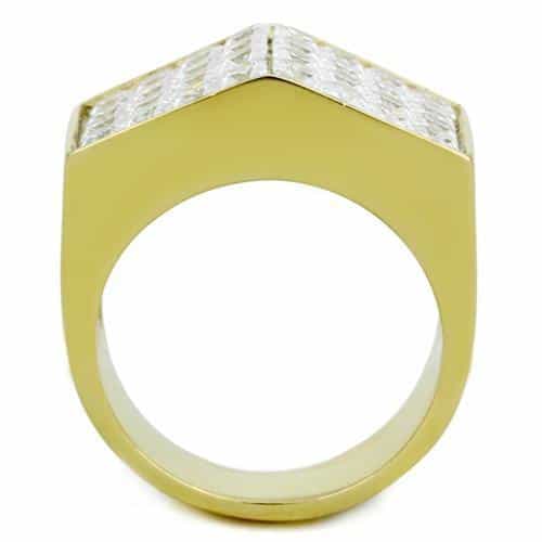 Stainless Steel Gold IP CZ Grid Signet Ring view 3