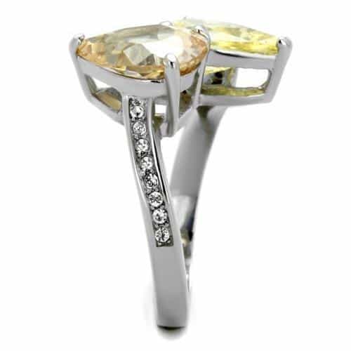 Stainless Steel Yellow Citrine Oval Pear Two Stone Bypass Ring view 8
