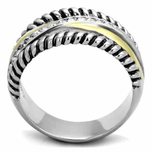 Stainless Steel Black IP Rope Twist Gold CZ Band Ring view 3