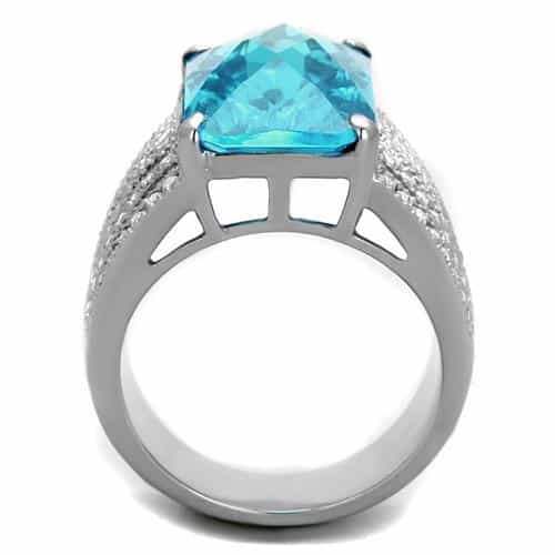 Stainless Steel Aqua Blue Rectangle CZ Pave Diagonal Stripe Ring view 3