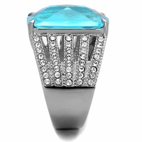 Stainless Steel Aqua Blue Rectangle CZ Pave Diagonal Stripe Ring view 8
