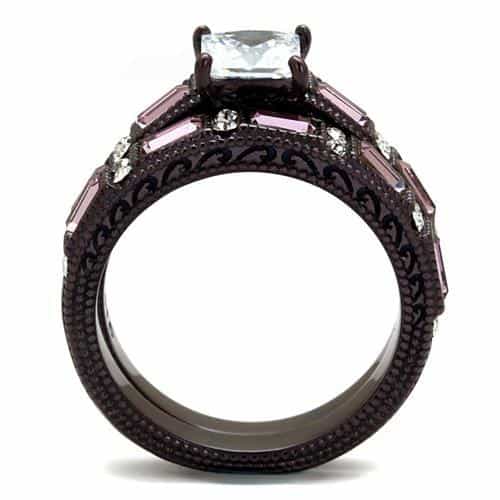 Stainless Steel Princess CZ Pink Baguette Triple Stack Dark Ring view 8