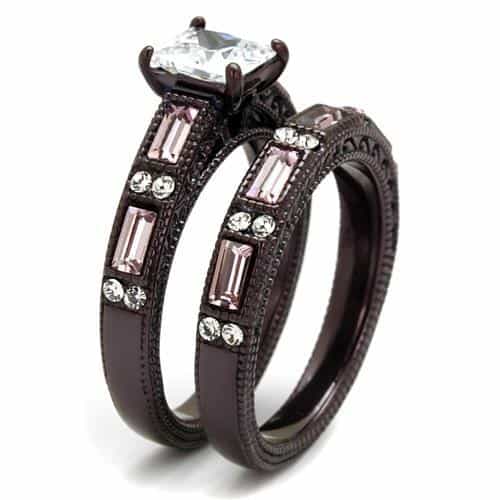 Stainless Steel Princess CZ Pink Baguette Triple Stack Dark Ring view 9