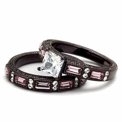 Stainless Steel Princess CZ Pink Baguette Triple Stack Dark Ring view 10