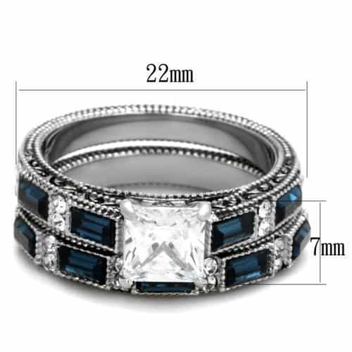 Stainless Steel Princess CZ Blue Sapphire Baguette Triple Ring view 6