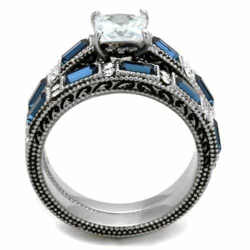 Stainless Steel Princess CZ Blue Sapphire Baguette Triple Ring view 3