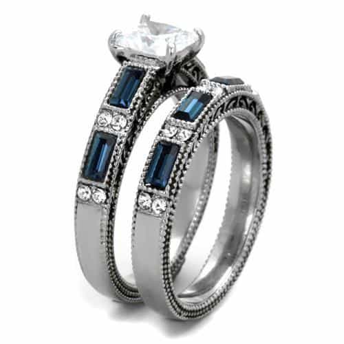 Stainless Steel Princess CZ Blue Sapphire Baguette Triple Ring view 4