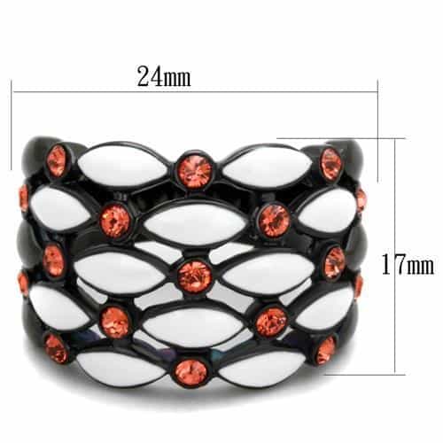 Stainless Steel White Enamel Web Pattern Orange CZ Black IP Ring view 6