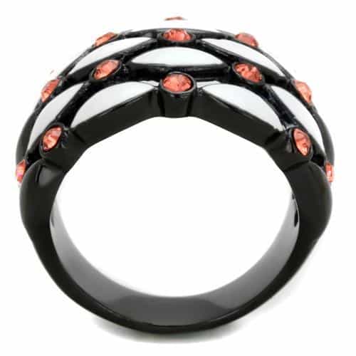 Stainless Steel White Enamel Web Pattern Orange CZ Black IP Ring view 7