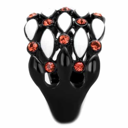 Stainless Steel White Enamel Web Pattern Orange CZ Black IP Ring view 8