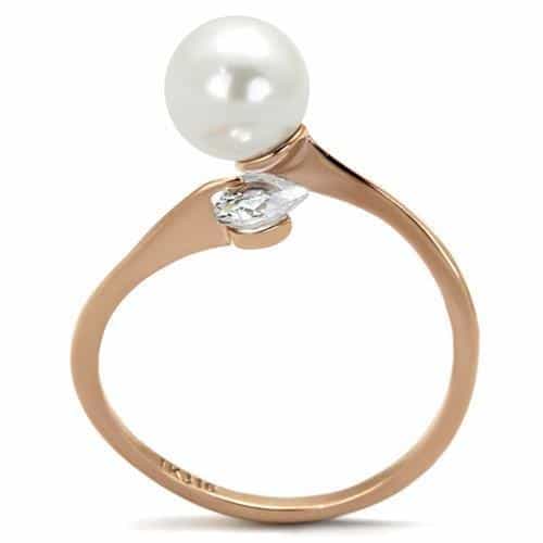 Stainless Steel Rose Gold Pearl CZ Open Bypass Ring view 3