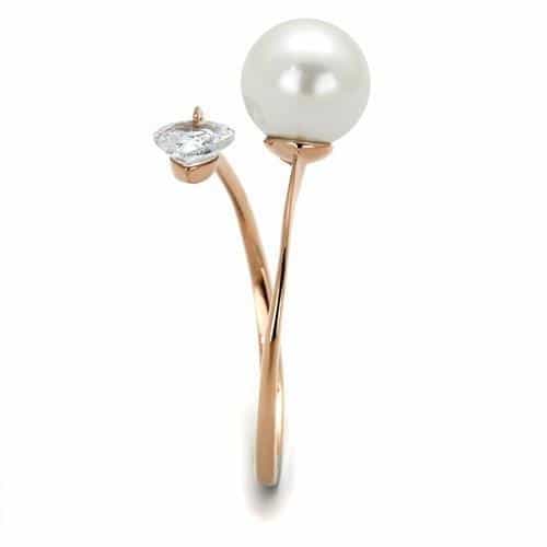 Stainless Steel Rose Gold Pearl CZ Open Bypass Ring view 8
