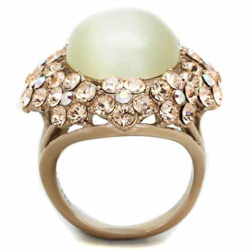 Stainless Steel Rose Gold Oval Cats Eye Crystal Pave Frame Ring view 3