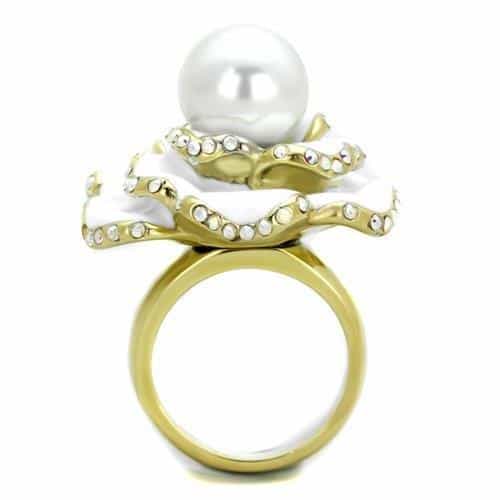 Stainless Steel White Enamel Pearl Flower Rose Ring view 3