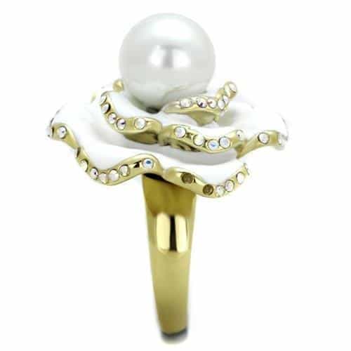 Stainless Steel White Enamel Pearl Flower Rose Ring view 4