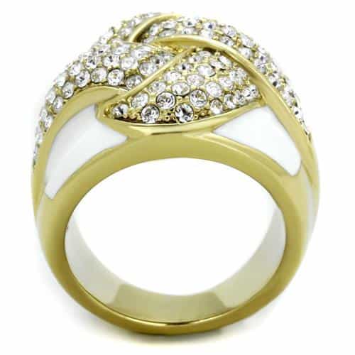 Stainless Steel Gold IP White Enamel CZ Pave Knot Ring view 7