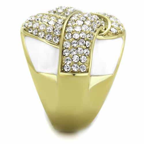 Stainless Steel Gold IP White Enamel CZ Pave Knot Ring view 8