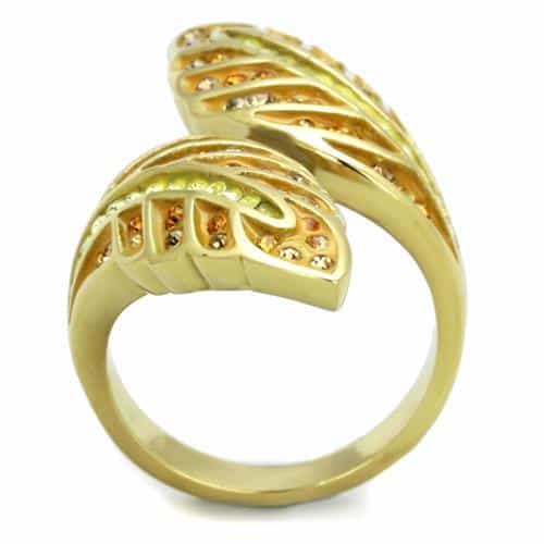 Stainless Steel Gold Crystal Leaf Bypass Ring view 7