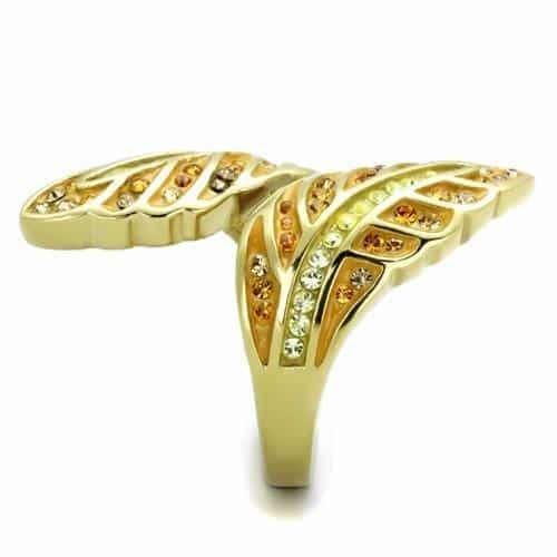 Stainless Steel Gold Crystal Leaf Bypass Ring view 4