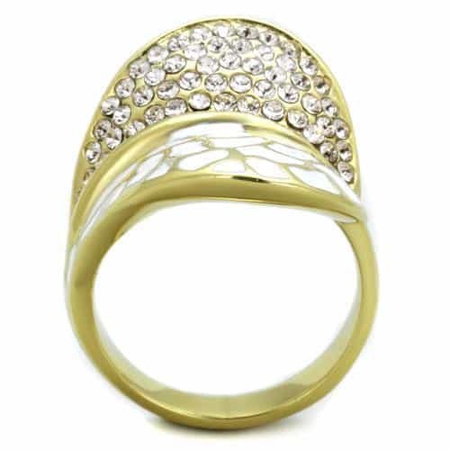 Stainless Steel Gold IP White Enamel Leopard Pave Dome Ring view 7
