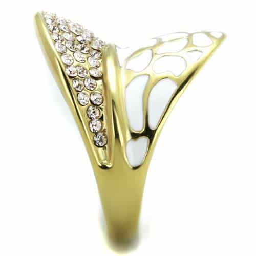 Stainless Steel Gold IP White Enamel Leopard Pave Dome Ring view 4