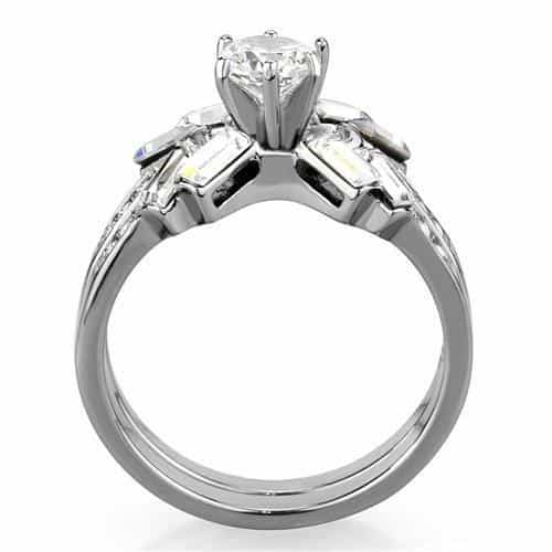 Stainless Steel CZ Baguette Cluster Bridal Set Ring view 7