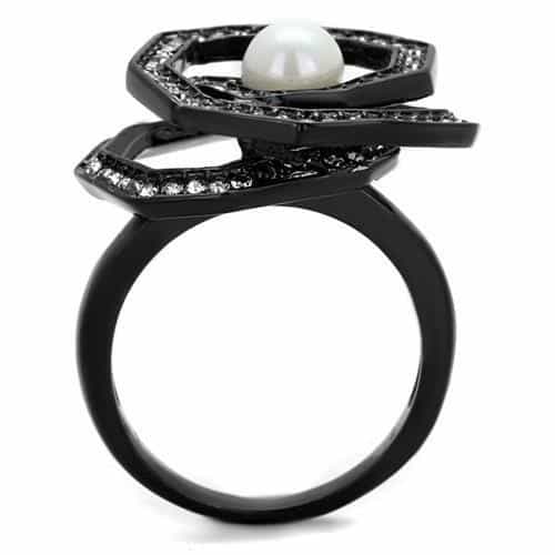 Stainless Steel Pearl Black IP Hexagonal CZ Pave Halo Ring view 3