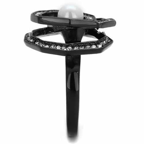 Stainless Steel Pearl Black IP Hexagonal CZ Pave Halo Ring view 4