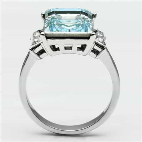 Stainless Steel Aquamarine Emerald Cut Baguette Sides Ring view 3