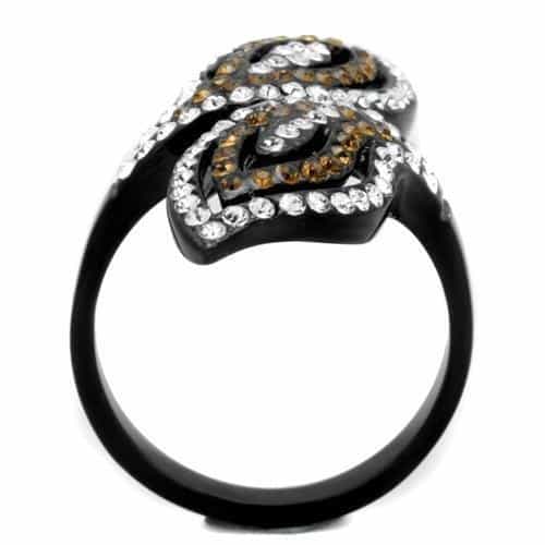 Stainless Steel Black IP Brown Clear CZ Leaf Open Ring view 7