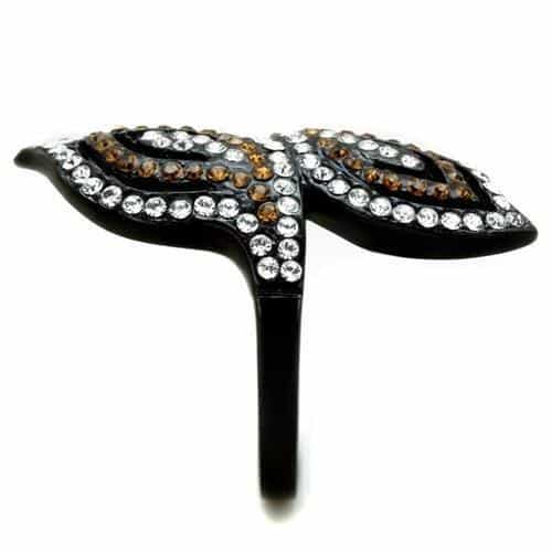 Stainless Steel Black IP Brown Clear CZ Leaf Open Ring view 8