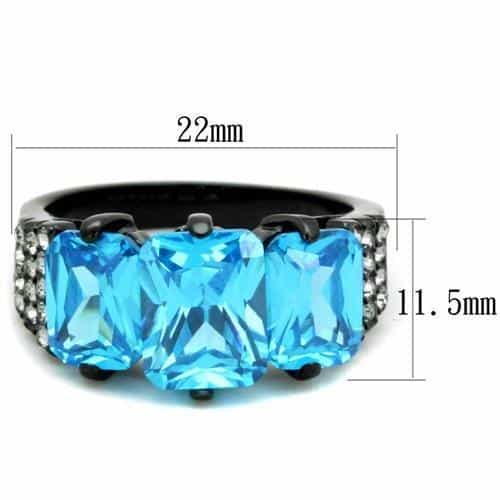 Stainless Steel Blue Topaz Three Stone Black IP Ring view 6