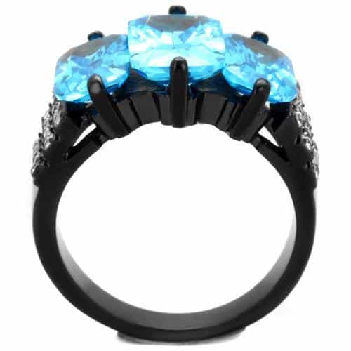 Stainless Steel Blue Topaz Three Stone Black IP Ring view 3