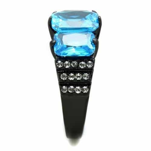 Stainless Steel Blue Topaz Three Stone Black IP Ring view 8