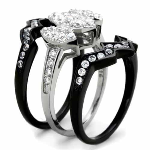 Stainless Steel CZ Marquise Round Elaborate Bridal Set Black Ring view 8