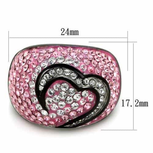 Stainless Steel Pink Crystal Heart Dome Clear CZ Black IP Ring view 2
