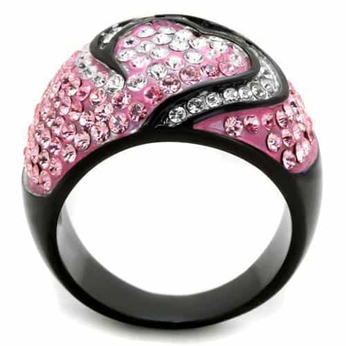 Stainless Steel Pink Crystal Heart Dome Clear CZ Black IP Ring view 7