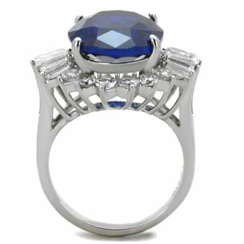 Stainless Steel Dark Blue Sapphire Oval CZ Halo Baguette Ring view 7