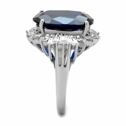 Stainless Steel Dark Blue Sapphire Oval CZ Halo Baguette Ring view 4