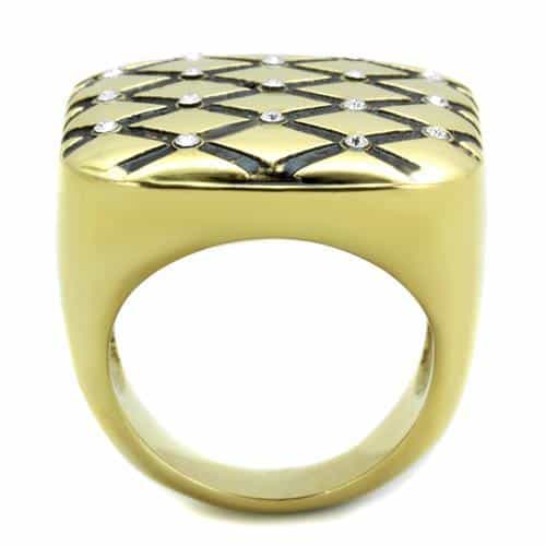 Stainless Steel Gold IP Black Enamel Diamond Lattice CZ Ring view 7