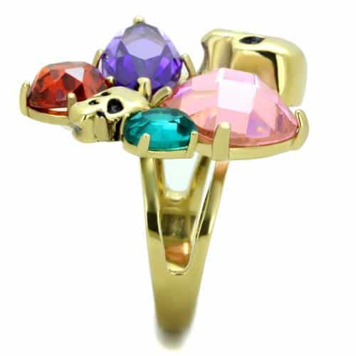 Stainless Steel Gold Skull Multi Color Crystal Cluster Ring view 8