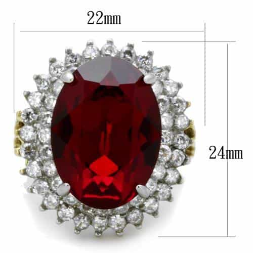 Stainless Steel Dark Red Garnet Oval CZ Double Halo Two Tone Ring view 2