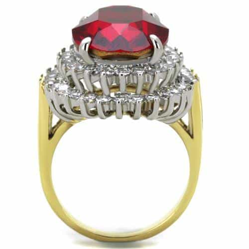 Stainless Steel Dark Red Garnet Oval CZ Double Halo Two Tone Ring view 7