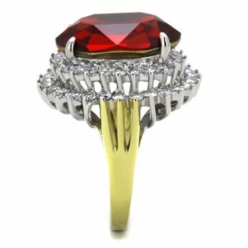Stainless Steel Dark Red Garnet Oval CZ Double Halo Two Tone Ring view 8